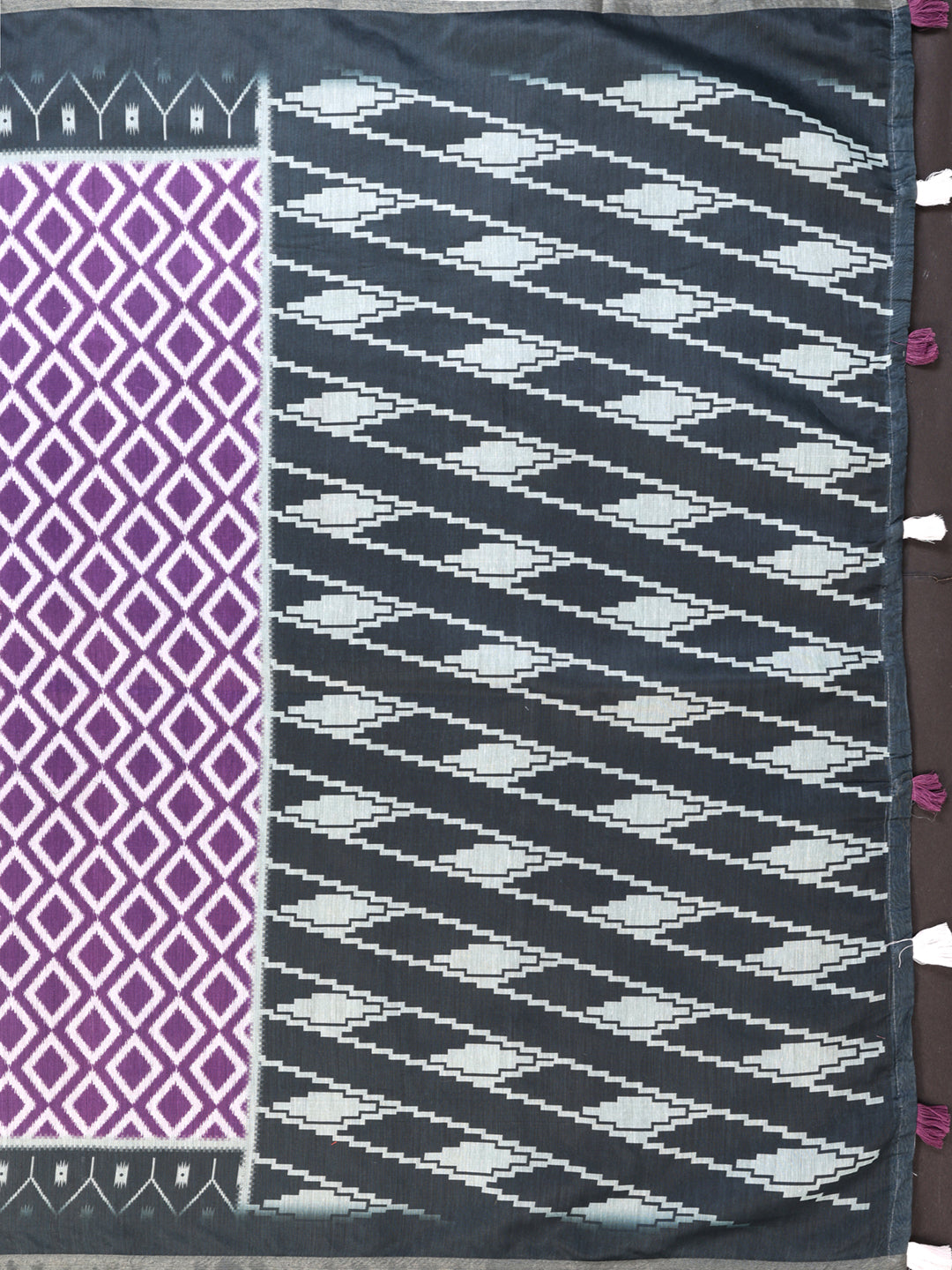 Purple & Black Ikat Printed Chanderi Saree | Geometric Ethnic Design with Designer Border  | Lightweight Traditional Saree with Matching Blouse Piece  – 5.5 Meters